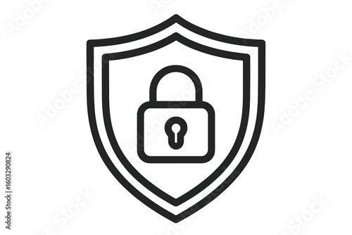 Padlock Shield Security Icon Vector. Cybersecurity Privacy Sign. Secure Access Protection Badge. Digital Safety Symbol. Simple Black Line Emblem for Secure Data, Safe Network, Lockdown, Web Guard