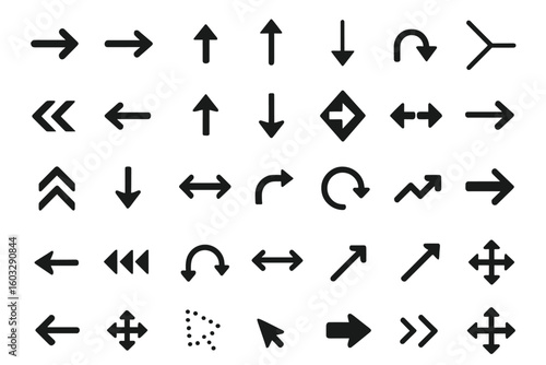 Arrow Icons Collection. Flat Arrow Symbol Set. Modern Cursor, Direction, Navigation, Path, Movement Icons. Black Straight, Curved, Circular, 2D, 3D, Left, Right, Up, Down Arrows. Design Elements