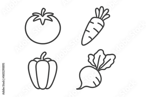 Minimalist Line Icons Set of Fresh Vegetables with Root and Leafy Variants, Tomato, Carrot, Bell Pepper, Beet, Healthy Vegan Food Ingredients, Simple Linear Style Vector Illustration