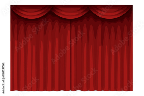 Realistic red theatre curtain background. Closed silk or velvet drapes for stage, cinema, or opera show. Performance or ceremony opening concept. Vector illustration.