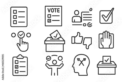 Survey and Voting Line Icon Set, Poll and Questionnaire Symbols, Election Sheet, Checkmark Choices, Outline Vector Icons in Linear Style, Pictogram Collection for Voting Tasks and Decisions