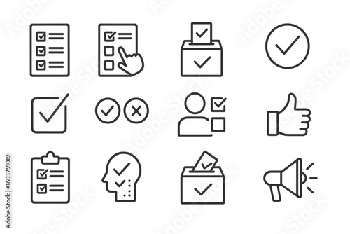 Voting, Poll, and Survey Line Icons Set. Polling, Election Checklist, Ballot Choice, Questionnaire, Feedback, Marking, Decision Making, Approval, Yes No Symbols, Thin Outline Vector Collection