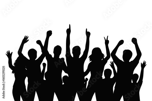 Silhouette of Diverse Happy People Group Dancing and Cheering at Concert Party, Raised Arms Celebrating, Youth Crowd Enjoying Live Music Festival Event, Vector Illustration, Transparent Background