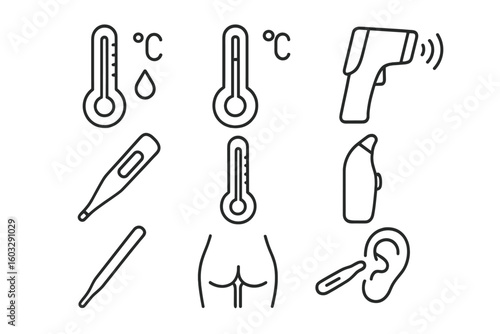 Medical Thermometer Outline Icons Set. Mercury, Digital, Infrared Non-Contact Thermometers. Oral, Rectal, Ear, Body Temperature Measurement. Water and Air Temperature. Clinical Health Care Tools.