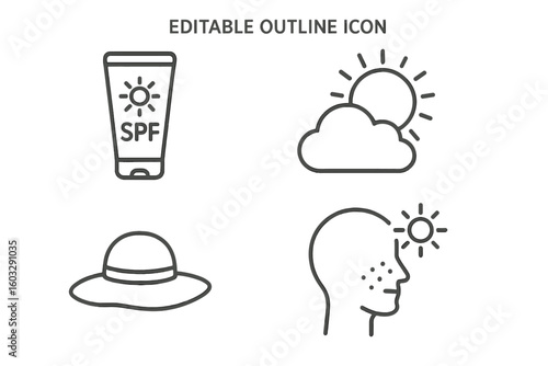 Sun Protection Prevention Icons Set. Linear Outline Vector Isolated. SPF Sunscreen, Sunblock Cream, Cloud and Sun, Wide Brim Hat, Sunburned Skin Face. Skin Cancer Awareness Prevention Concept