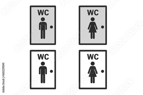 Set of 4 Public Restroom Door Signs Vector Illustration—Male and Female WC Bathroom Symbols, Universal Toilet Icons, Restroom Entry Signs, Modern Minimalist Style, Transparent Background