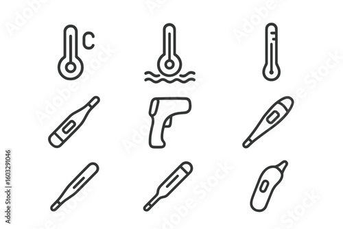 Temperature and Thermometer Line Icon Set with Water and Air Temperature Symbols, Mercury, Electronic, Infrared Thermometers, Oral, Rectal, Ear Temperature Outline Icons