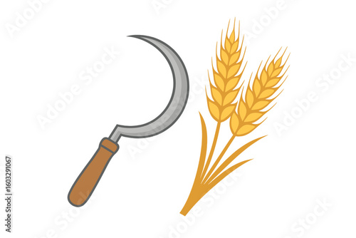 Sickle and Wheat Ears Agriculture Vector. Hand Tool Harvest Farming Icon. Rural Farm Equipment and Crop Symbol. Rustic Food Production. Isolated Transparent Background. Agricultural Concept Design