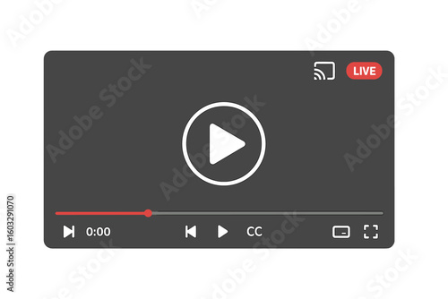 Modern video player interface template. Online multimedia streaming UI with play button, timeline, and navigation icons. Live broadcast concept for web and social media.