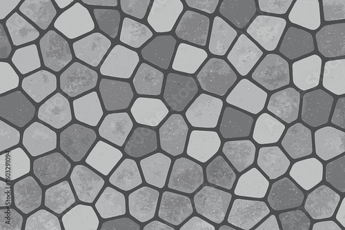 Grayscale stone mosaic texture. Seamless vector pattern background for design. Abstract natural rock tile for floor, wall, or pavement. Cobblestone garden path illustration.