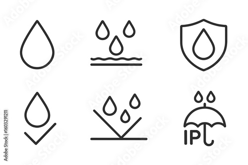 Waterproof Line Icon Set. Water Drop, Moisture Protection, Waterproof Material, Water Resistant, Shield, IP Rating, Umbrella, Hydrophobic Surface. Outline Vector Icons for Water Protection Concepts.
