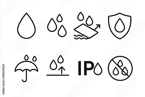 Waterproof line icon set with water drop, moisture, water-resistant materials, water protection, waterproofing concepts, IP ratings, linear outline vector icons, isolated design elements