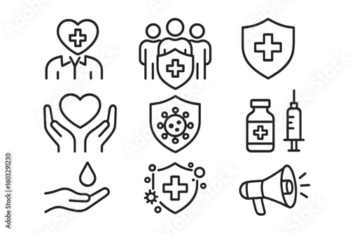 Public health icon set. Healthcare, medical and virus protection symbols. Community safety, vaccination, immune system, hygiene and pandemic awareness concept vector line icons.