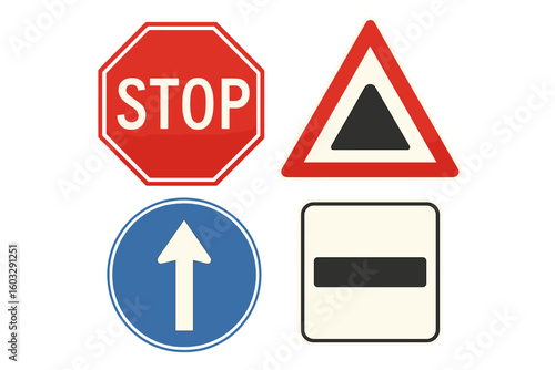 Realistic Traffic Road Signs Vector Collection – Stop, Warning, One Way Direction, No Entry, Safety Symbols, Clip Art Set, Isolated Icons, Urban Transport, Transparent Background