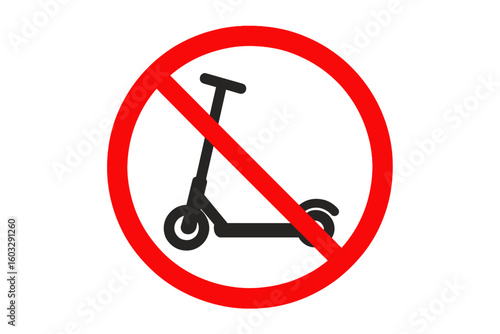 No electric scooter sign. Red prohibition symbol for urban transport safety. Warning icon forbidding e-scooter riding. Forbidden round stop danger sign. Vector traffic rule.