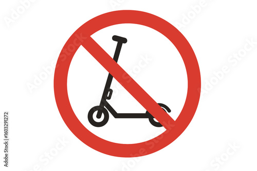 No electric scooter allowed sign. Red prohibition symbol for e-scooters. Warning circle icon. Urban transport restriction and ban concept. Forbidden mobility vector graphic.