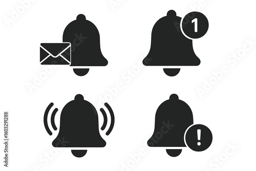 Notification bell icon set. Alert for incoming message. Ringing bell for alarm reminder. Subscribe button symbol. New notice counter. UI UX element for web, mobile app.