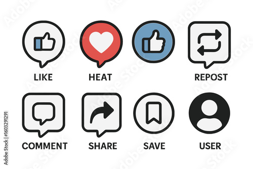 Social media UI icons collection. Like, heart, comment, share, and save buttons. User profile, repost, and engagement symbols for web and mobile app interface vector set.