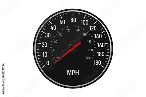 Realistic Black Speedometer Dial Vector Illustration with Precise MPH Scale, Modern Dashboard Gauge, Car Instrument Panel, Isolated Transparent Background