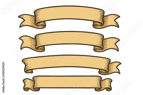 Vintage Horizontal Ribbon Banner Set. Retro Hand Drawn Scrolls, Blank Scroll Banner Collection, Curved Decorative Frame Elements, Engraved Antique Design, Transparent Vector Illustration