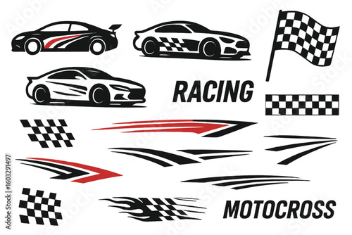 Racing car graphics set. Motorsport vector elements with sports car silhouettes, checkered flag, and speed stripes. Automotive vinyl decals and race design elements.