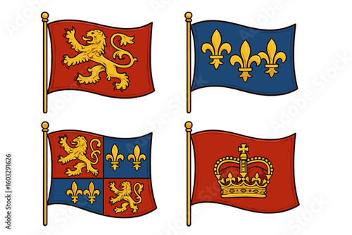 Medieval Royal Heraldic Flags Vector Collection. Golden Lion Rampant, Fleur-de-Lis, British Crown Icon. Historic Banner Set, Red and Blue Flags, Nobility Emblem, Transparent Background
