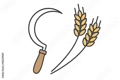 Traditional Harvesting Concept Illustration—Vintage Sickle and Wheat Ears Isolated on White, Agricultural Symbol, Farm Tool Icon, Rural Grain Crop Harvest Equipment, Vector Clipart