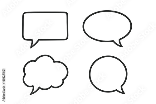 Set of 4 blank speech bubble outline icons: comic dialogue balloons, round, oval, rectangle and cloud chat frames, empty text box vector isolated on transparent background