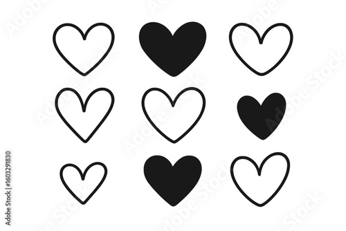 Hand-drawn heart icons set. Cute doodle hearts collection for Valentine's Day. Love symbol silhouette and line art. Simple black vector romantic sketch illustration.