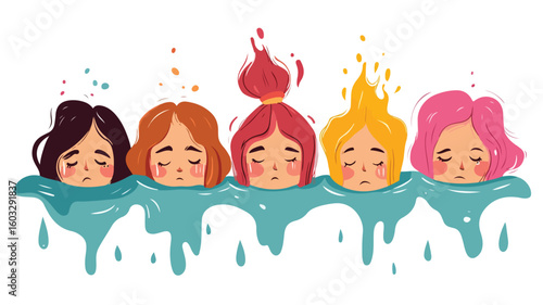 Sad Woman Drowning in Tears: Conceptual Image Depicting Depression and Sorrow