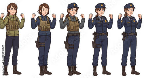 Cartoon illustrations of young women in modern police and military uniforms performing powerful pose