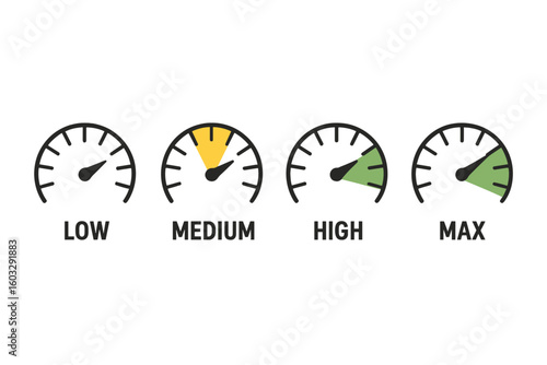 Analog Speed Level Indicators Set, Low Medium High Max, Dashboard Gauge Icons, Energy Power Performance Meters, Colorful Infographic Dials, Isolated Transparent Vector Illustration
