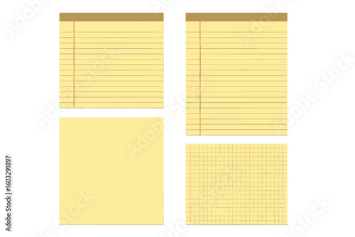 Yellow Legal Pad Paper Set – Ruled, Lined, Blank, Graph Grid Pages Collection. Notepad Templates, Stationery Mockup, Office and School Supplies, Transparent Vector Illustration