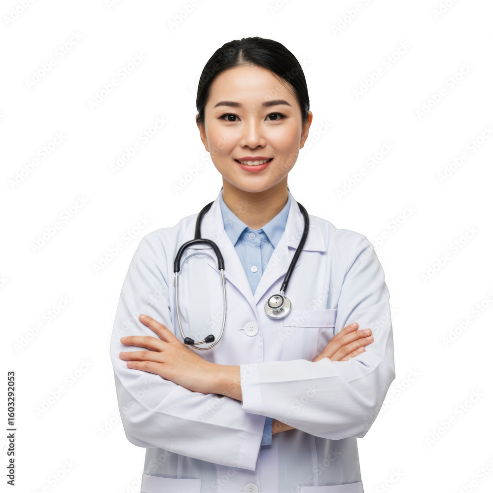 Smiling asian female doctor wearing a white lab coat and stethoscope with arms crossed against a black background Smiling asian female doctor wearing a white lab coat and stethoscope with arms crossed against a black background