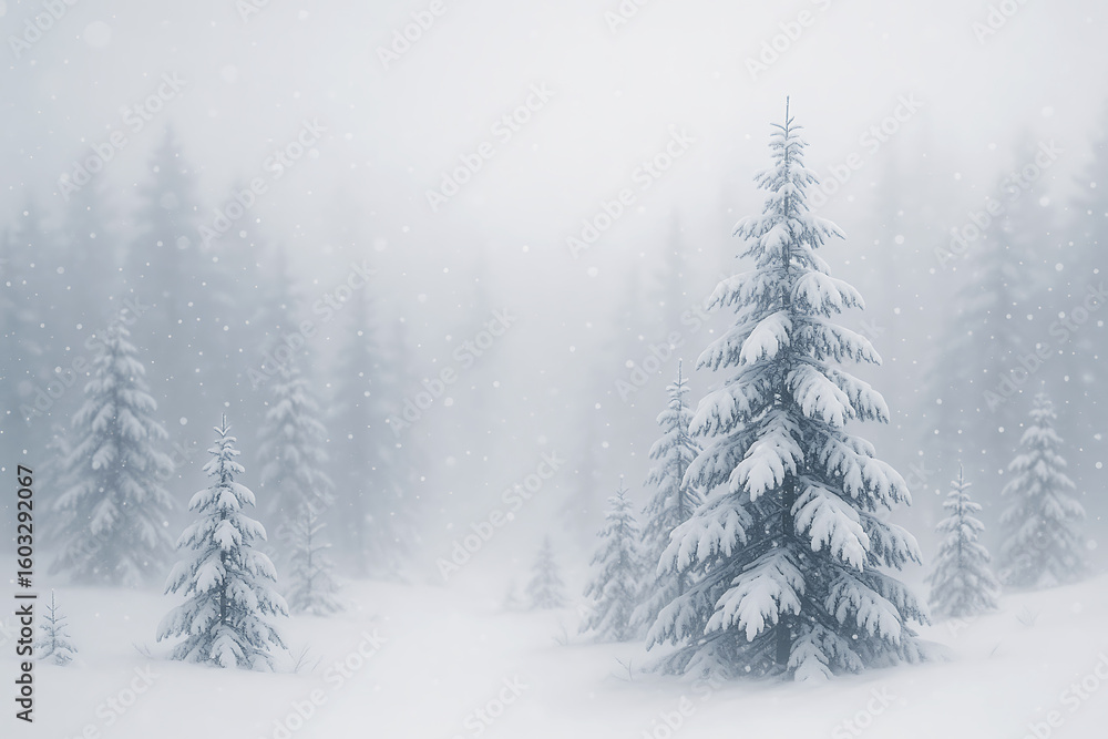Fototapeta premium Foggy winter pine forest scene with snowfall and soft cold blue atmosphere