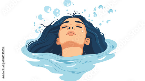 Sad Woman Drowning in Tears: Conceptual Image Depicting Depression and Sorrow