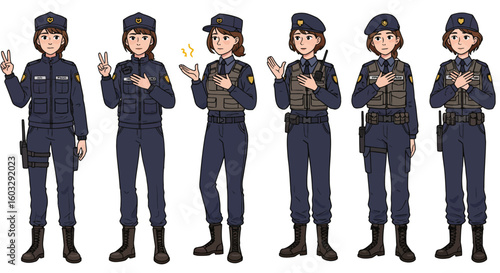 Cartoon illustrations of young women in modern police and military uniforms performing a peaceful gesture