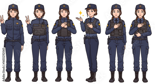Cartoon illustrations of young women in modern police and military uniforms performing a peaceful gesture
