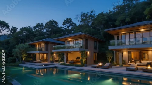 Wallpaper Mural Luxurious Tropical Villas by the Pool at Dusk Torontodigital.ca