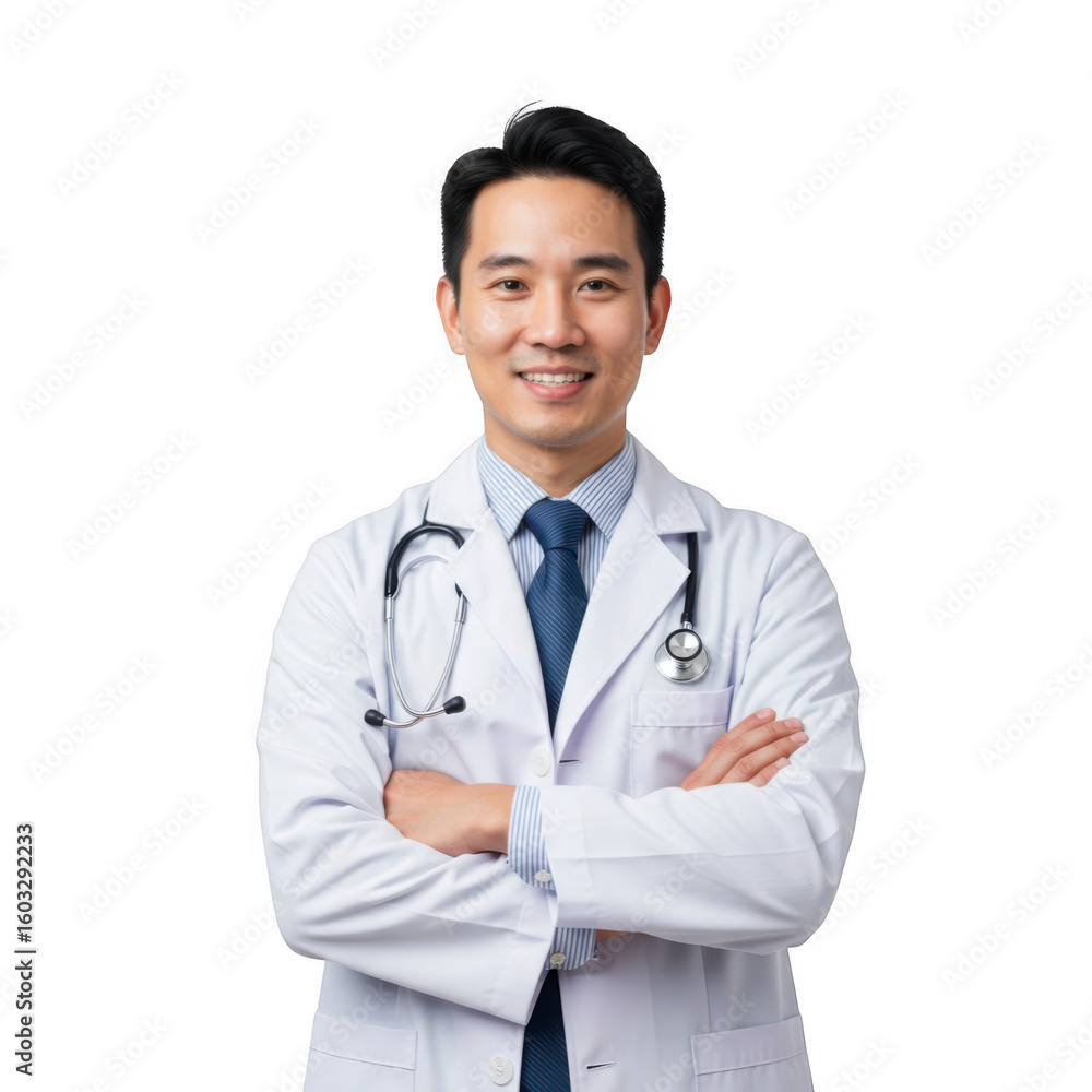 Smiling asian male doctor wearing a white lab coat and stethoscope with arms crossed against a black background Smiling asian male doctor wearing a white lab coat and stethoscope with arms crossed against a black background