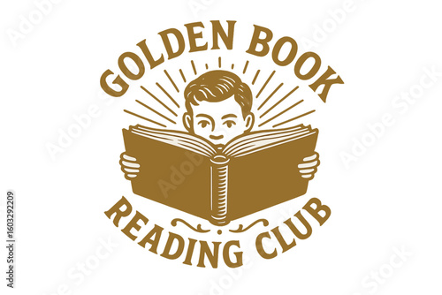 Vintage golden book reading club emblem vector illustration with ornate design, classic literature symbol, retro library badge, educational and literary concept on transparent background