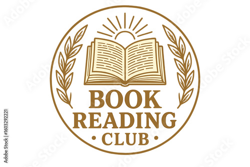 Vintage Gold Book Club Logo, Elegant Reading Badge Emblem, Open Book Vector, Laurel Wreath, Sunburst, Literary Society Design, Transparent Background, Classic Retro Library Icon Illustration