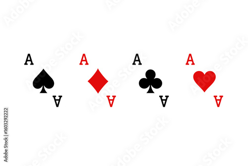 Four aces playing cards isolated on white. Poker winning hand, four of a kind. Casino, gambling, and game night concept. Vector graphic illustration for success and luck.