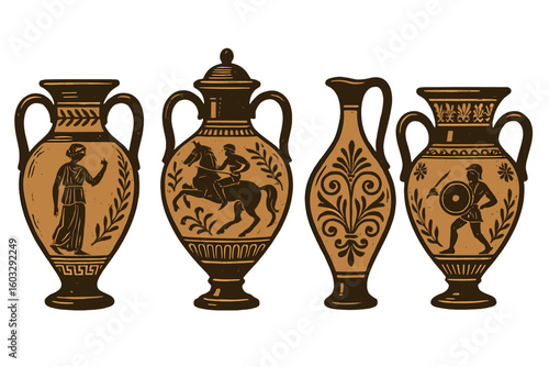 Ancient Greek Vase Collection Vector Illustration, Classical Pottery Art, Amphora, Krater, Black-Figure, Mythology, Warriors, Horseman, Decorative Floral, Transparent Background Clipart