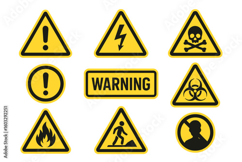 Warning signs vector set. Collection of hazard symbols like high voltage, biohazard, poison, and fire. Safety first concept illustration. Attention and danger icons.
