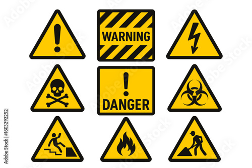Warning signs vector set. Danger hazard symbols collection. Safety caution illustration. Includes toxic, biohazard, electricity, flammable, and construction zone icons.