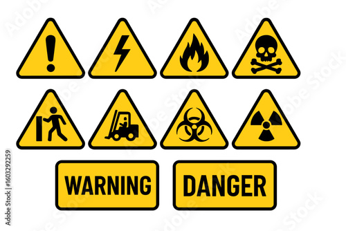 Warning and danger signs vector icon set. Collection of safety hazard symbols like high voltage, flammable, toxic, death, skull, biohazard, radiation, and forklift.