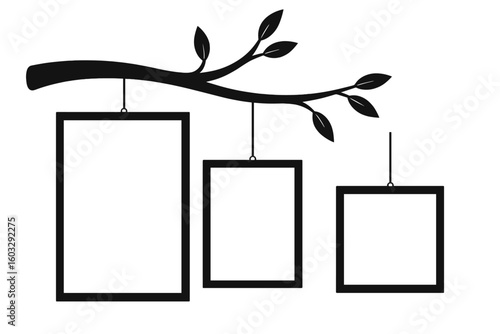 Family tree with photo frames. Genealogy tree with hanging picture frames for memories. Wall decor collage template. Ancestry history vector illustration silhouette mockup.