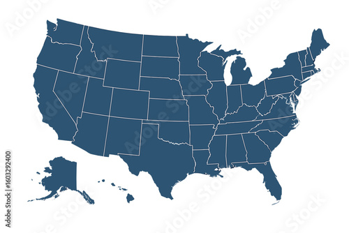 USA map vector illustration. Political map of the United States of America with all 50 states and their individual borders. American national geography graphic silhouette.