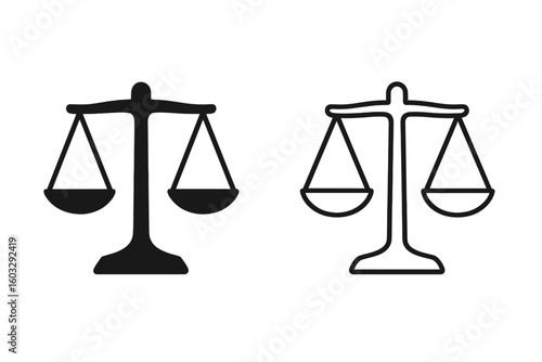 Scales of justice vector icon set. Law and legal symbol for court and lawyer. Balance, equality, and judgment concept pictogram. Libra zodiac sign silhouette and outline.
